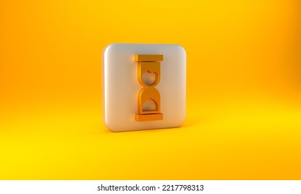 Gold Old Hourglass With Flowing Sand Icon Isolated On Yellow Background. Sand Clock Sign. Business And Time Management Concept. Silver Square Button. 3D Render Illustration.