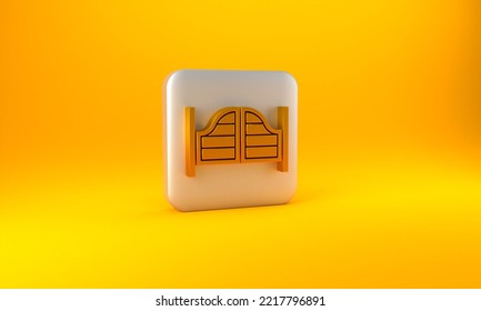 Gold Old Western Swinging Saloon Door Icon Isolated On Yellow Background. Silver Square Button. 3D Render Illustration.