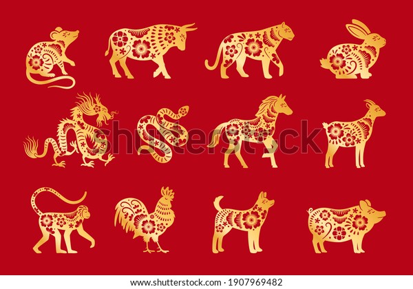 Gold on red chinese horoscope. chinese\
animals zodiac, china calandar signs set, astrological oriental\
zodiacal symbols\
illustration