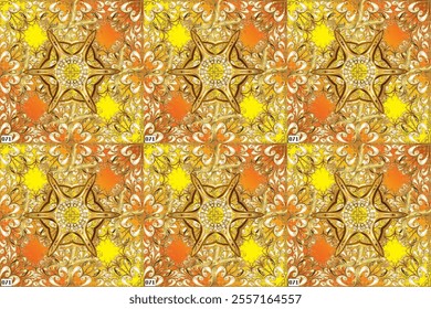 Gold on yellow, beige and brown colors. Good for greeting card for birthday, invitation or banner. Seamless medieval floral royal pattern. Decorative symmetry arabesque. Raster illustration. - Powered by Shutterstock