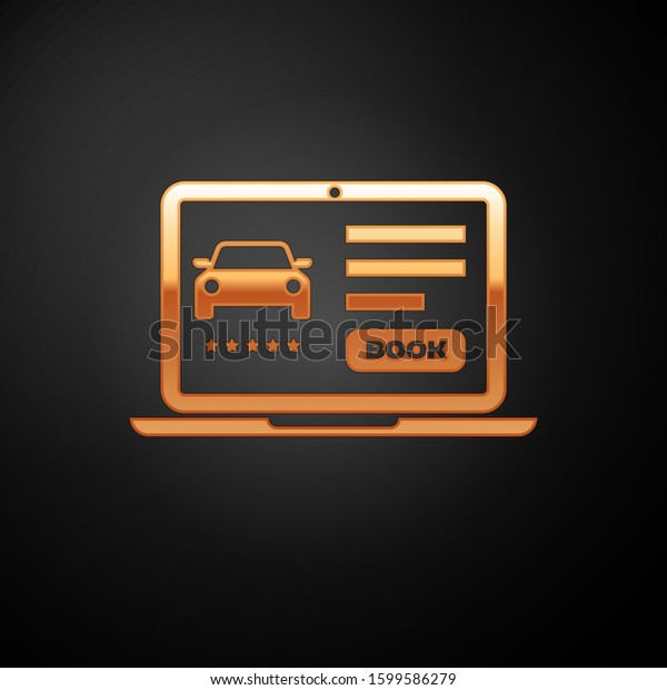 Gold Online car sharing icon isolated on black\
background. Online rental car service. Online booking design\
concept for laptop. \
