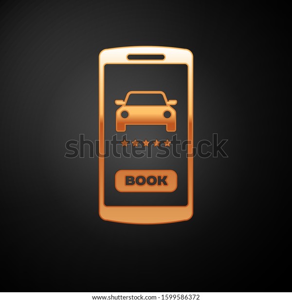Gold Online car sharing icon isolated on black\
background. Online rental car service. Online booking design\
concept for mobile phone. \
