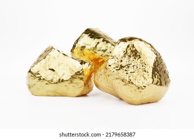 Gold Ore Gemstones Isolated On White Background, Raw Gold Stone Mine 3d Render