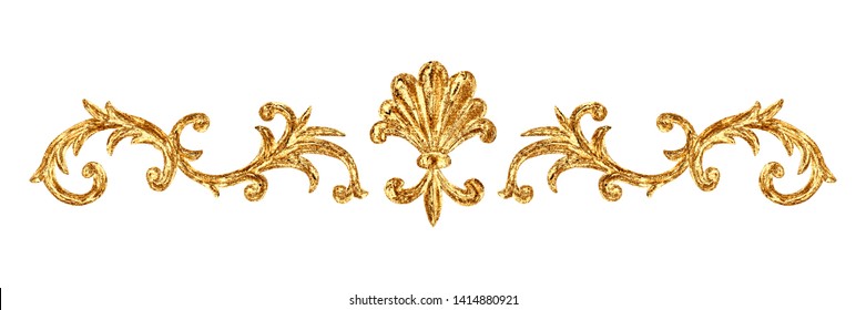 Gold ornament baroque style vignette. Hand drawn vintage engraving floral scroll filigree frame design pattern. Golden oriental damask curls and flowers for greeting cards, wedding invitations. - Shutterstock ID 1414880921