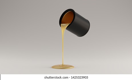 Gold Paint Pouring Out Of A Matte Black Paint Tin 3 Quarter Left View 3d Illustration 3d Render