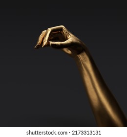 Gold Painted Hand Holding Something Small Object, 3d Rendering Female Hand For Advertising Jewelry