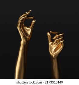 Gold Painted Hands Holding Something Small Object, 3d Rendering Female Hand For Advertising Jewelry