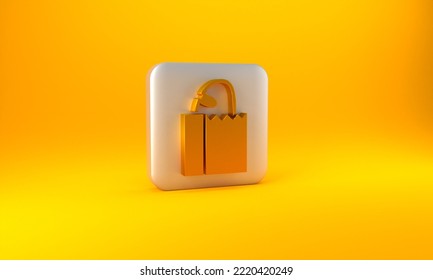 Gold Paper Bag With Bread Loaf Icon Isolated On Yellow Background. Silver Square Button. 3D Render Illustration .