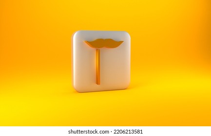 Gold Paper Mustache On Stick Icon Isolated On Yellow Background. Concept With Cardboard Carnival Mask. Mask For A Photo Shoot. Silver Square Button. 3D Render Illustration.