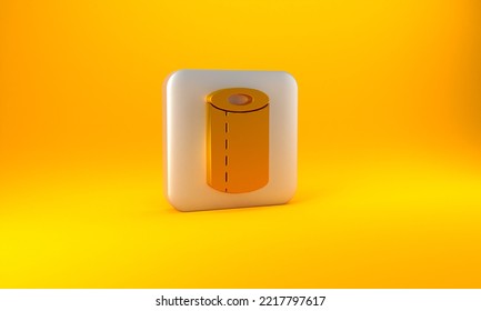 Gold Paper Towel Roll Icon Isolated On Yellow Background. Silver Square Button. 3D Render Illustration.