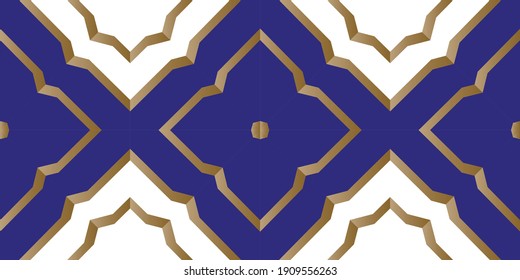 gold patterns on a blue background, Geometric pattern, executed in a coherent surface. The background image. Luxury Geometric Pattern with art deco ornament. Abstract fractal