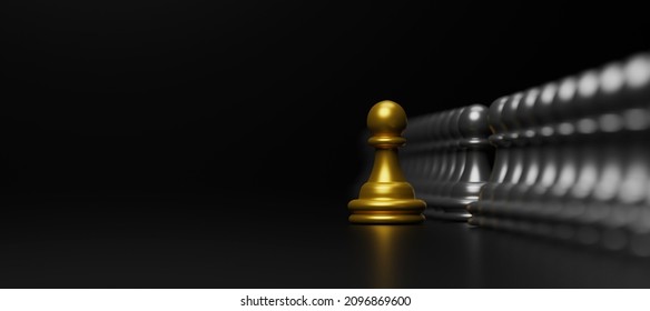 Gold pawn of chess. Unique, Think different, Individual and standing out from the crowd concept. Panoramic image. 3d illustration