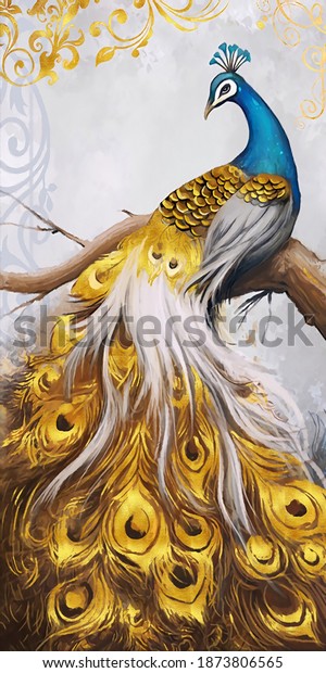 Gold Peacock Fengshui art abstract birds design wallpaper for walls. 