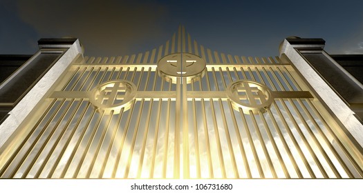 The gold pearly gates of heaven seen from the bottom looking upwards