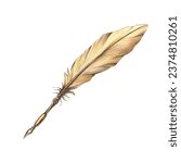 Gold pen with quill feather and metal tip. Hand drawn watercolor illustration. Isolated object on a white background.