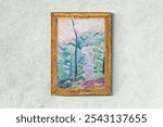 Gold picture frame, vintage design with Forest near Lake Bagsvaerd by Niels Larsen Stevns painting. Antique vintage frame with beautiful artwork. Beautiful vintage artwork.