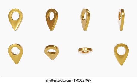 Gold Pin, Location Map Pointer Set On White Background, Marker Symbols, Set With Clipping Path. Gps Concept, 3D Illustration.