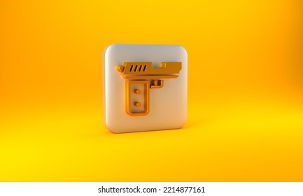 Gold Pistol Or Gun Icon Isolated On Yellow Background. Police Or Military Handgun. Small Firearm. Silver Square Button. 3D Render Illustration.