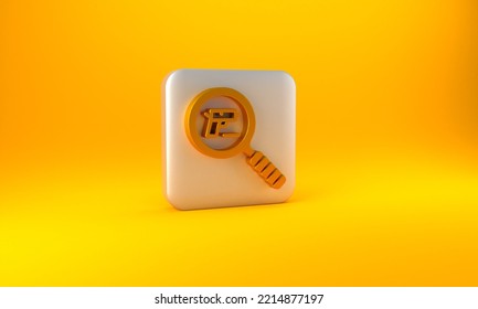 Gold Pistol Or Gun Search Icon Isolated On Yellow Background. Police Or Military Handgun. Small Firearm. Silver Square Button. 3D Render Illustration.