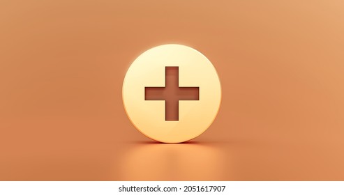 Gold plus icon sign and metallic cross illustration design add shape logo button or medical glossy first aid symbol concept on golden web background with addition modern graphic element. 3D rendering.