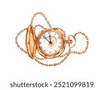 Gold pocket watch with open cover and long chain watercolor illustration. Vintage style, Roman numerals on the dial. Isolated from the background. For invitations, greeting cards, prints, posters