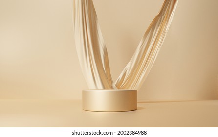 Gold Podium Color 3D Background With Fabric Flutter Geometric Shapes Circle, Pedestal On One Floors Curved Wall The Platform For Product Presentation Minimal, Cosmetic, Copy Space, Rendering