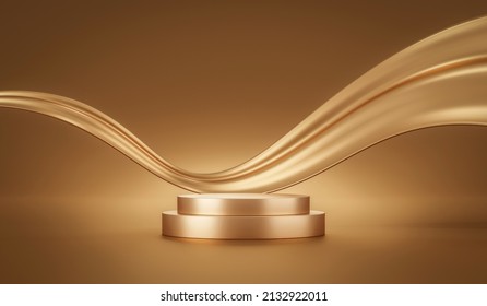 Gold Podium Elegant Fabric Background Of Luxury Empty Presentation Studio Product Decoration Or Show Stand Golden Pedestal Shiny Satin Fashion And Abstract 3d Stage Scene Display On Premium Backdrop.