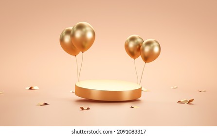 Gold podium pedestal product stand 3d background luxury celebration display with golden birthday party balloon anniversary exhibition and festive presentation studio showcase decoration premium scene.