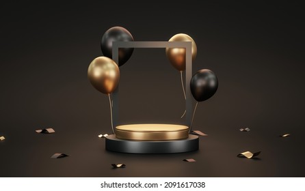 Gold podium pedestal product stand 3d background luxury celebration display with golden birthday black balloon anniversary exhibition and festive presentation studio showcase decoration premium scene. - Powered by Shutterstock