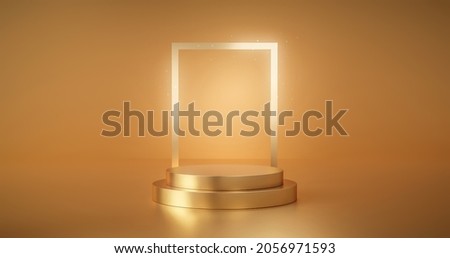 Gold podium product advertising stage background platform or empty luxury pedestal exhibition scene and blank template design stand on golden presentation studio display backdrop showcase. 3D render. Stockfoto © 