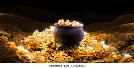 Gold Pot On A Pile Of Coins / Saint Patricks Day Concept / 3D Illustration