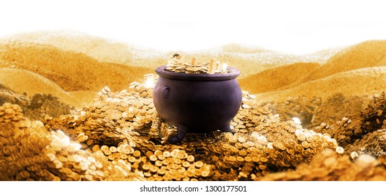 Gold Pot On A Pile Of Coins / Saint Patricks Day Concept / 3D Illustration