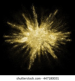 Gold Powder Particles Explosion. Glitter Burst With Golden Texture. Golden Color Dust Splash For Fashion Background, Luxury Wallpaper. Magic Mist Glowing. Powdered Vivid Gold On Black Background.