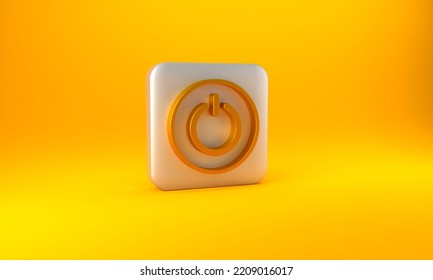 Gold Power Button Icon Isolated On Yellow Background. Start Sign. Silver Square Button. 3D Render Illustration.