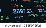 Gold price moving up. Close-up screen, commodity, trading board, financial market, data, stock market. Concept, 3d illustration