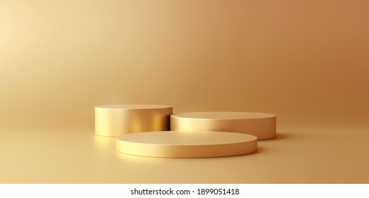 Gold Product Background Stand Or Podium Pedestal On Advertising Display With Blank Backdrops. 3D Rendering.