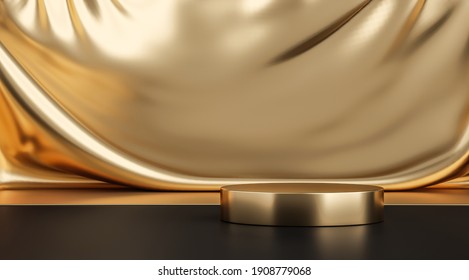 Gold Product Background Stand Or Podium Pedestal On Luxury Advertising Display With Blank Backdrops. 3D Rendering.