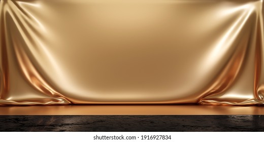 Gold Product Background Stand Or Podium Pedestal On Luxury Advertising Display With Blank Backdrops. 3D Rendering.