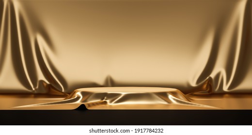 Gold product background stand or podium pedestal on luxury advertising display with blank backdrops. 3D rendering.
