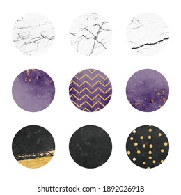Gold And Purple Marble Circles, Instagram Highlight Cover Icon, Paint Stain, Brush Splatter, Dot, Ink, Creative, Modern Round Shapes
