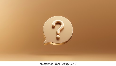 Gold Question Mark Bubble Icon Sign Or Ask Faq Answer Solution And Information Support Illustration Business Symbol On Golden Background With Problem Graphic Idea Or Help Concept. 3D Rendering.