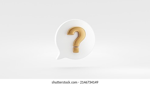 Gold question mark symbol 3d solution problem idea concept of golden faq information help support sign or confusion search answer icon and find suspicion solve isolated on white expression background.