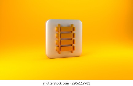 Gold Railway, Railroad Track Icon Isolated On Yellow Background. Silver Square Button. 3D Render Illustration.