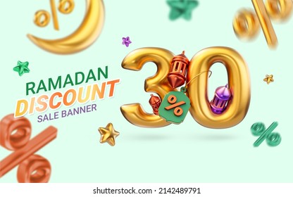 Gold Realistic 30 Percent Discount Ramadan And Eid Super Sale Offer Banner Template Design 3d Render