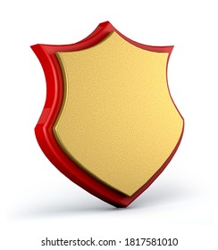 Gold And Red Shield Isolated On White Background. Shield Security 3d Render.