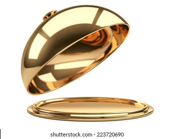 Gold Restaurant Cloche With Open Lid. 3d Illustration