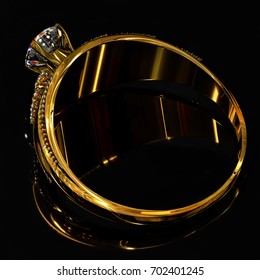 Gold Ring With Diamond Gem Jewelry. Luxury Jewellery Bijouterie With Crystal Gemstone For People In Love. Frontal View And Reflection On Black Background. 3D Rendering Ancient Tiara.