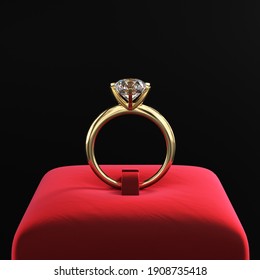 Gold Ring With A Large Diamond On A Red Velvet Stand. Classic Jewelry Design. Dark Presentation. 3d Rendering.