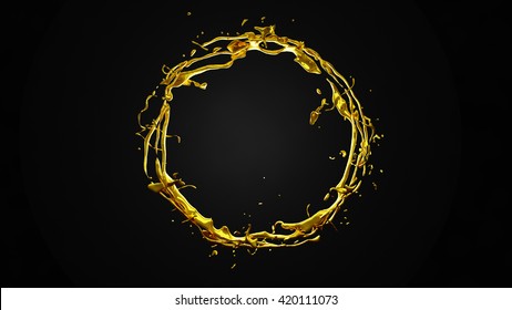 Gold Ring On A Black Background. Splash, Water, Liquid, Drop, Gold, Precious. 3D Illustration, 3D Rendering