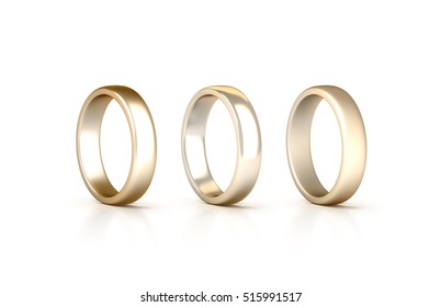 Gold Rings Stand Isolated, Matte And Gloss Jewelry, Clipping Path, 3d Rendering. White Golden Wedding Ciclet With Micro Scratches. 